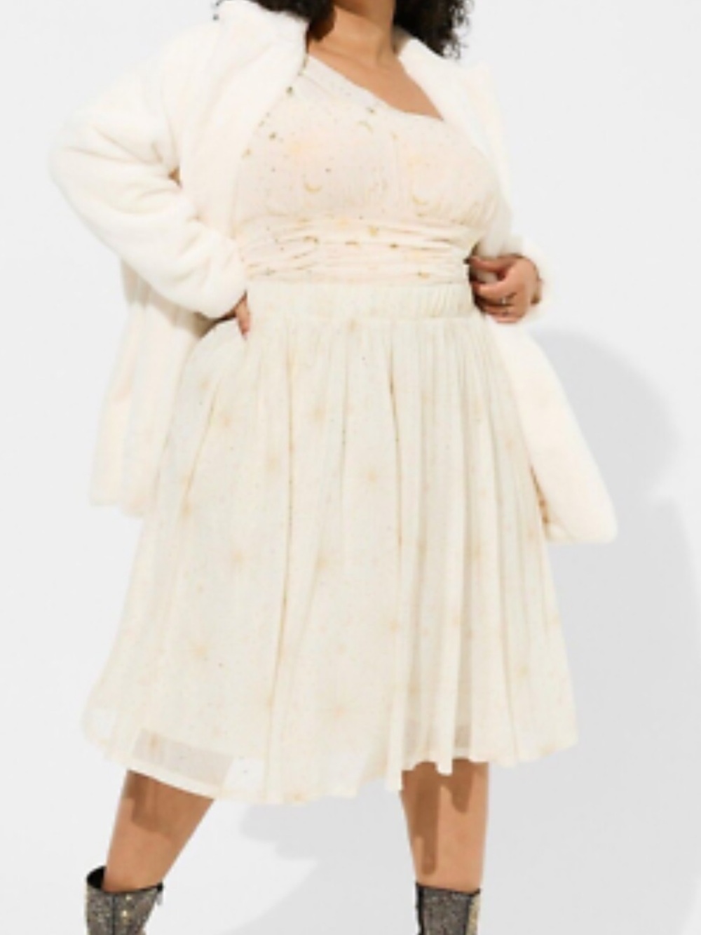 Torrid Midi Mesh A-Line Skirt cream with gold stars/celestial print size 2X